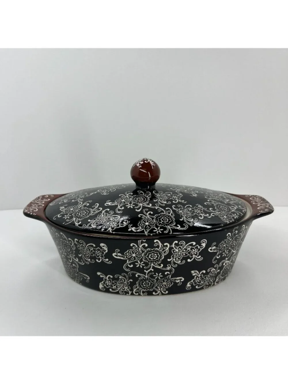 Blue Harbor Rare Ceramic Oval Casserole Dish Covered Baker Lid Oven Safe Black